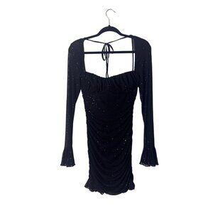 Black Ruched Long Sleeve Mini Dress With Glitter Accents & Tie Back